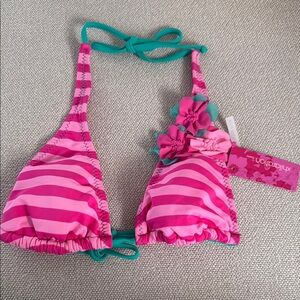 Pink Striped and Green Bikini Top with Floral 3D detail